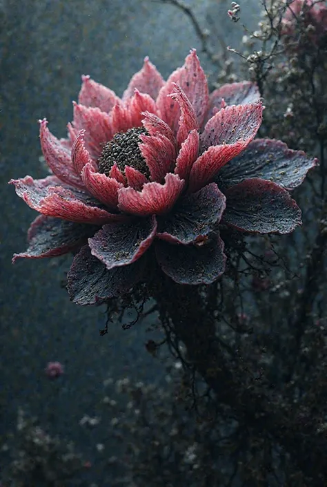 Create an image of the organism and instead of organs wilted black and pink flowers