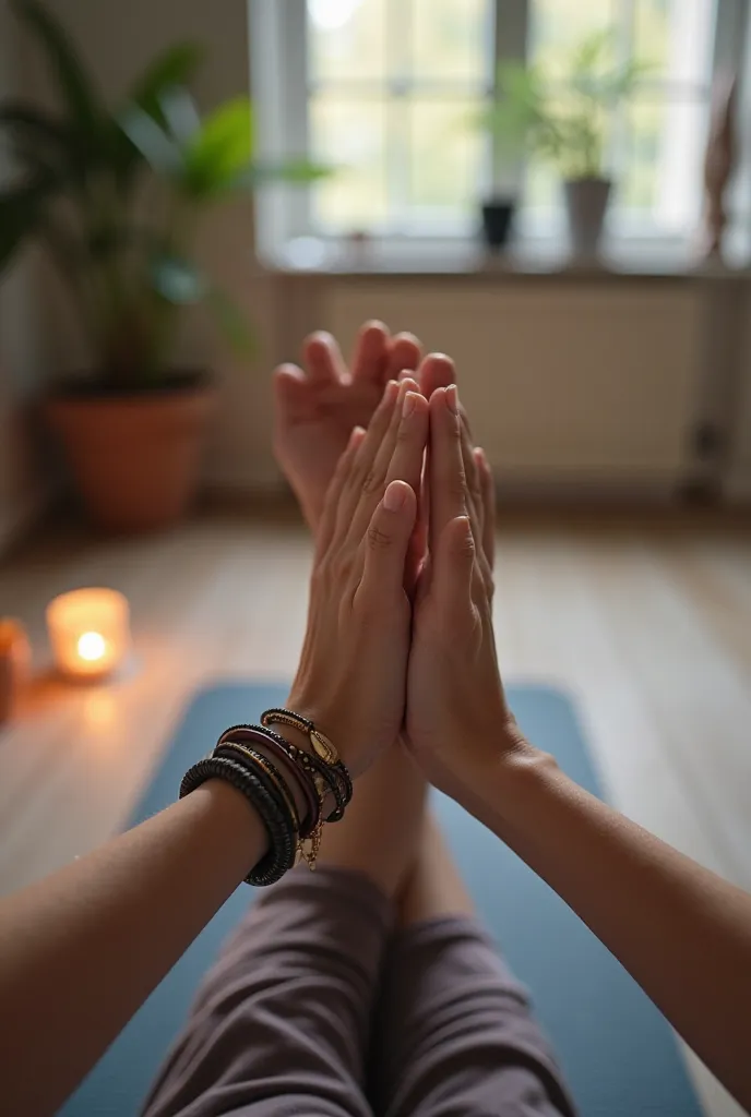  first-person perspective t-shirt: my feminine hands, with yoga bracelets, resting on crossed legs. Ahead, a yoga mat and a burning candle. In the background, blurred, a quiet room with soft light and plants. img_1025.HERE"