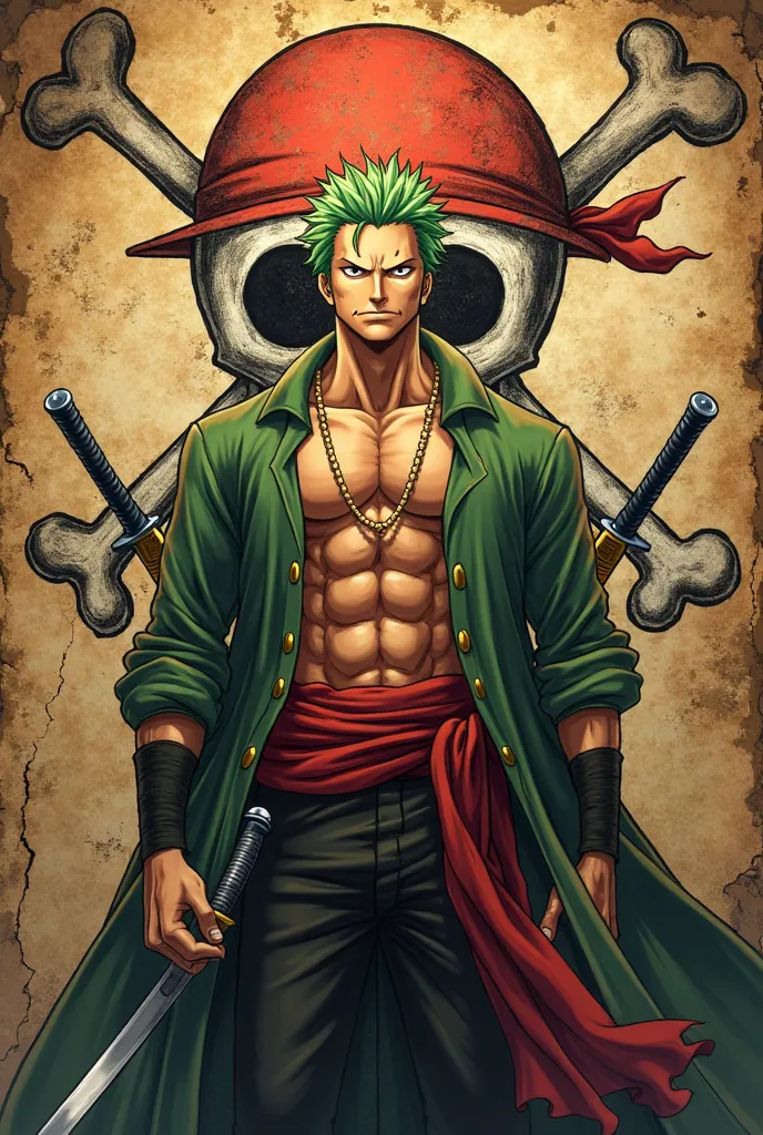 


"A muscular swordsman name Zoro for the one piece with green hair, three swords, and a scar over his left eye stands in front of a worn pirate-themed background. He wears a green open-chest robe with a red sash and black armbands. His expression is seri...