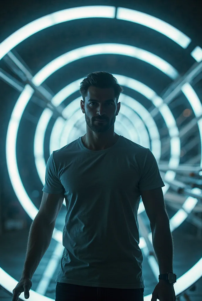 man surrounded by rings of light, flashing lines that simulate time travel, the man has a watch on his wrist