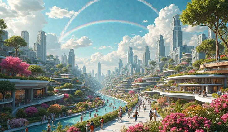 a solarpunk city seen from above, pink, red, white, yellow and pink flowers scattered everywhere, so colorful, so beuatiful, a very blue sky, some clouds, a big rainbow