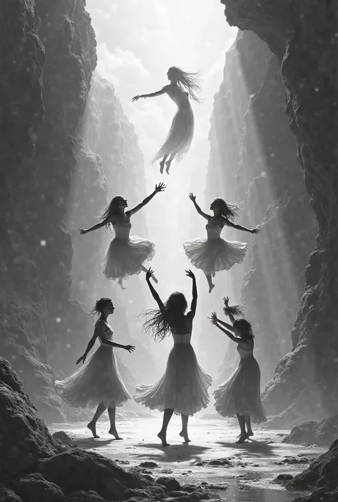 Some people who are dancing and who have magical movements in black and white animation 