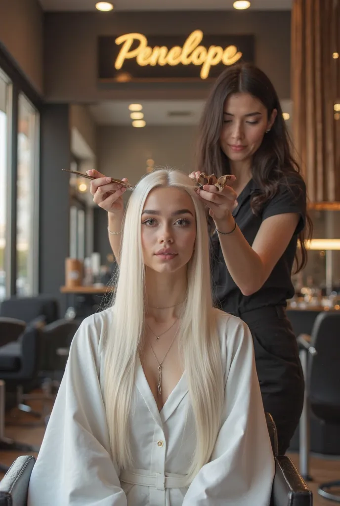 Create Lily Collina with straight white hair... with silky, hydrated hair and a professional brunette hairdresser working on a client&#39;hair at a beauty salon with a sign saying Penelope 