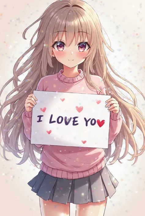  costume Beautiful anime girl with long wavy hair, pastel pink knitted sweater, gray pleated thigh-length skirt, holding a white board with text "I LOVE YOU" with multiple hearts in the margins and showing it to the spectator