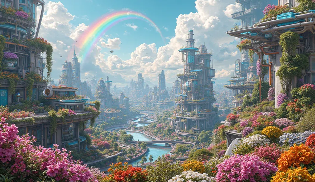 a solarpunk city seen from above, pink, red, white, yellow and pink flowers scattered everywhere, so colorful, so beuatiful, a big rainbow