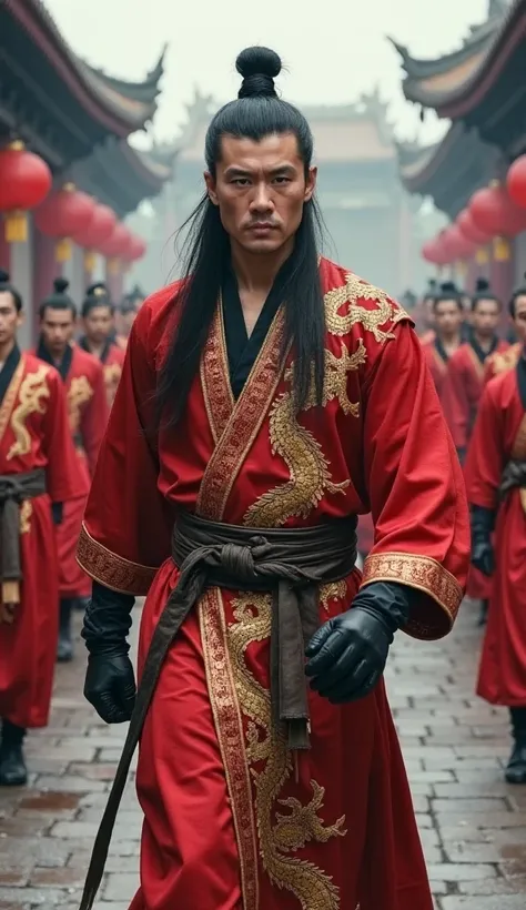 A powerful warrior with long black hair tied in a topknot walks forward confidently, dressed in a traditional red and gold martial arts robe with intricate dragon embroidery. He has a fierce and determined expression, with black gloves and a thick belt sec...