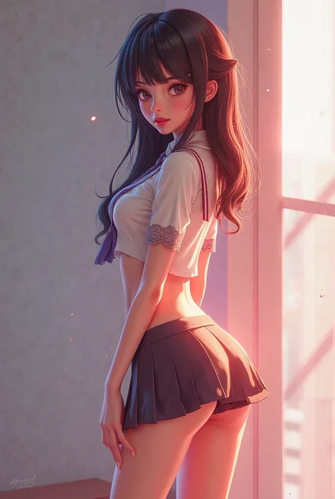 Make an animated person for an erotic game In very sexy and slightly transparent school girl outfit 