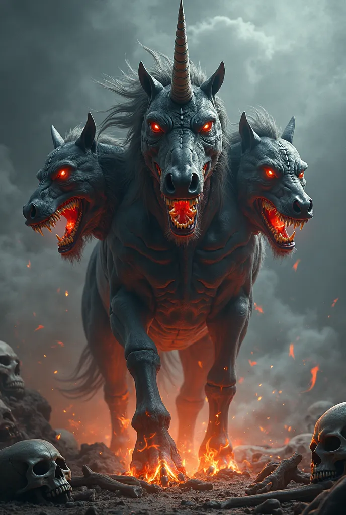 Flaming three-headed cerberus unicorn with skulls 
