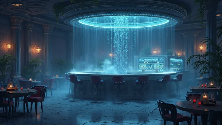 Illustration of a fantasy-themed bar located on a floor of a high-rise hotel. The setting features a low ceiling, giving a closed-in feel, with modern, contemporary design elements. The bar is dimly lit, with the sound of water, and is shrouded in mist, cr...