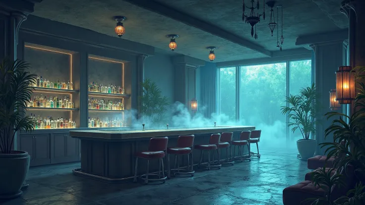 Illustration of a fantasy-themed bar located on a floor of a high-rise hotel. The setting features a low ceiling, giving a closed-in feel, with modern, contemporary design elements. The bar is dimly lit, with the sound of water, and is shrouded in mist, cr...