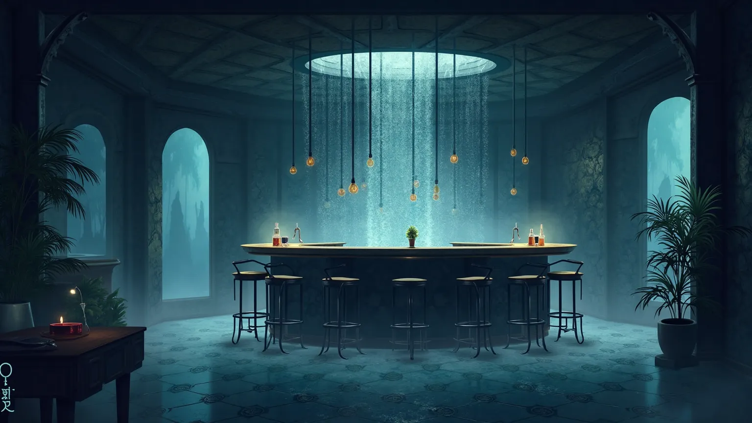 Illustration of a fantasy-themed bar located on a floor of a high-rise hotel. The setting features a low ceiling, giving a closed-in feel, with modern, contemporary design elements. The bar is dimly lit, with the sound of water, and is shrouded in mist, cr...