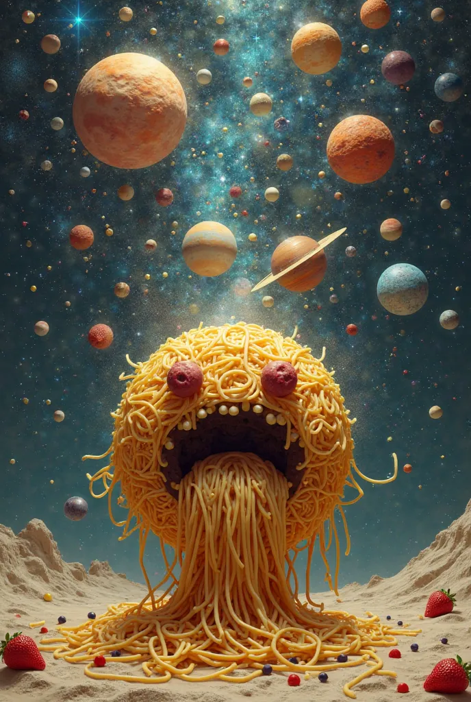 Create a spaghetti ball with two meatballs on the cheeks, that creates the universe with the planets from vomiting after a defrost, Show that the universe comes out of vomit 