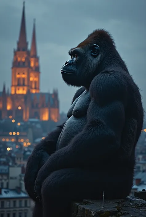  high quality, high resolution, Realistic photo, photography, King Kong listening to music on an old cassette player in his head,  with eyes closed in peace , detailed, traços faciais extremamente  detailed, impressive muscles, monstrous and imposing figur...