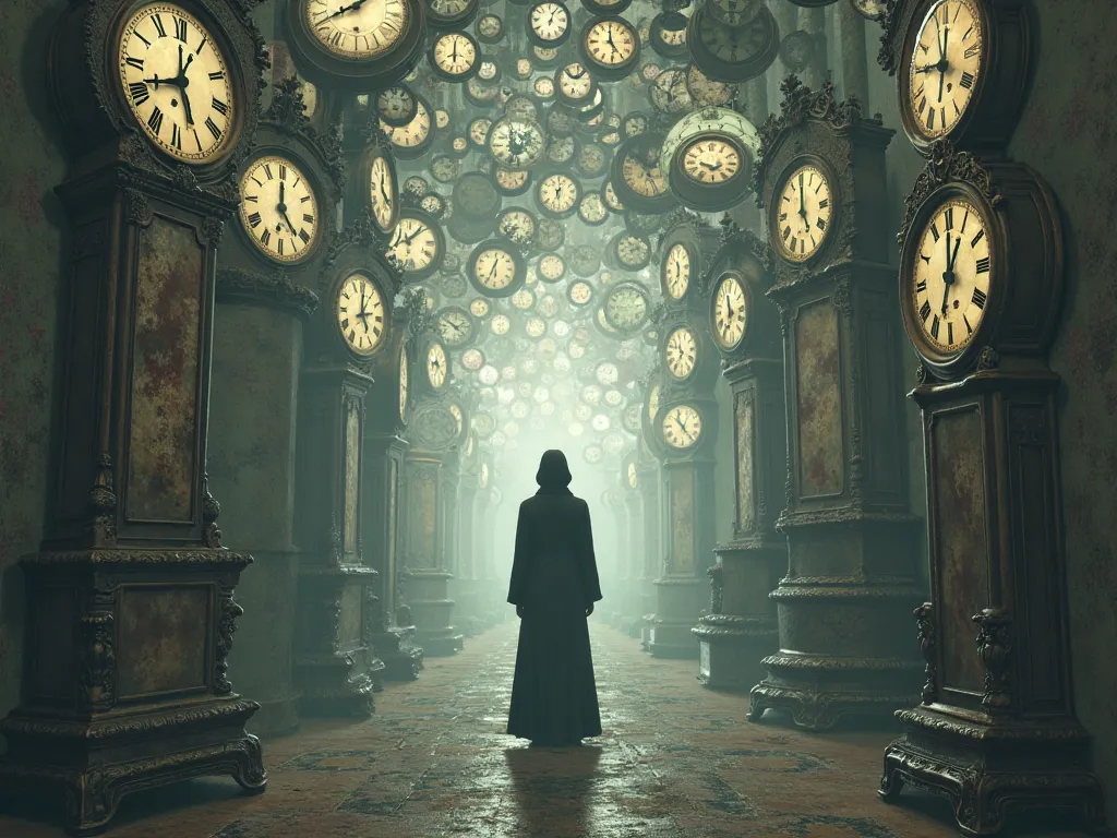 "A figure standing in a room filled with clocks, each clock showing a different time, symbolizing the tension between past, present, and future."