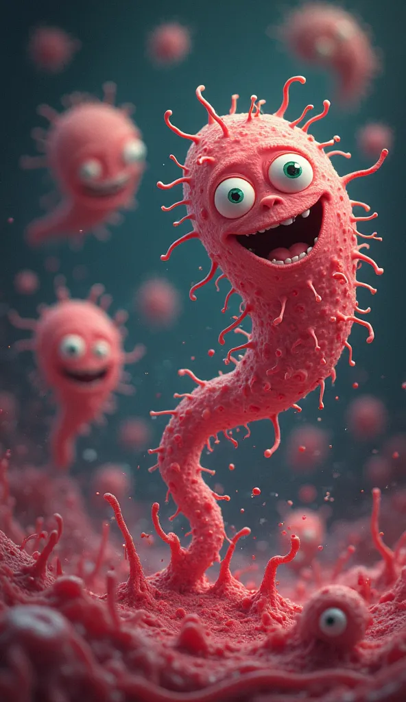 Stylized bacteria with eyes and smiles escaping from a bladder. They have rounded shapes and vibrant colors, with small arms or tentacles, conveying the idea that they are fleeing in a mischievous way. The bladder is semi-transparent showing the bacteria c...