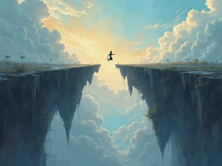 A surreal landscape of floating islands, with a figure jumping from one island to another, representing the courage to take risks in the face of uncertainty."