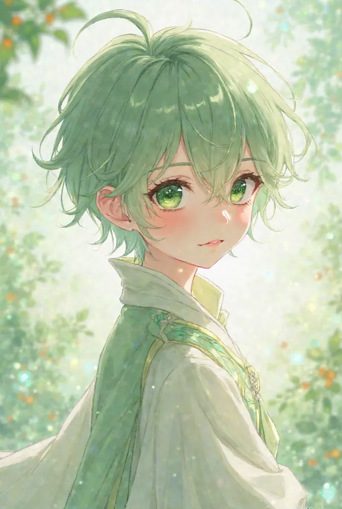 A young anime-style boy with light white skin pastel green hair, green eyes and wearing an elegant light pastel green and white outfit