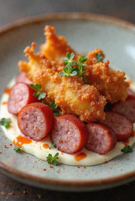 Chicken chicharron with sliced sausage and mayonnaise 