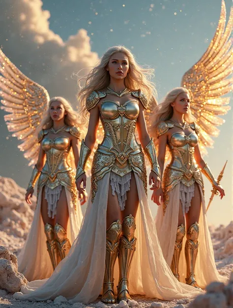 Valkyrie warriors in gold and silver crystal armor with crystal wings on their backs