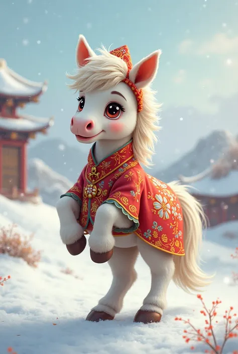 Baby hourse walking like human and sing song in china cloth in winter