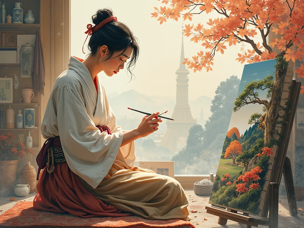 A Japanese painter painting a picture