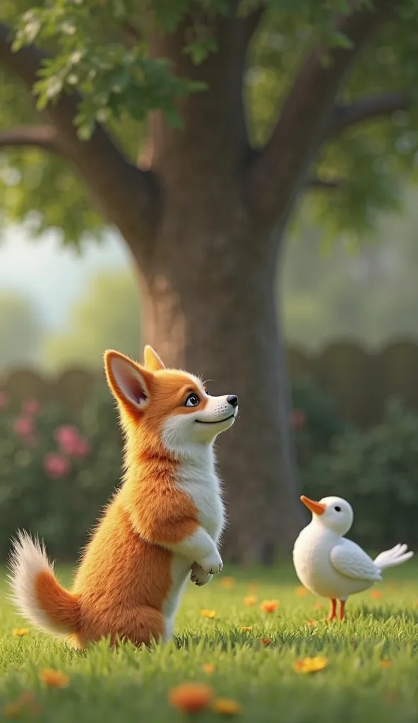 The corgi is walking like a human, looking at the tree in its yard, where there is a white bird.