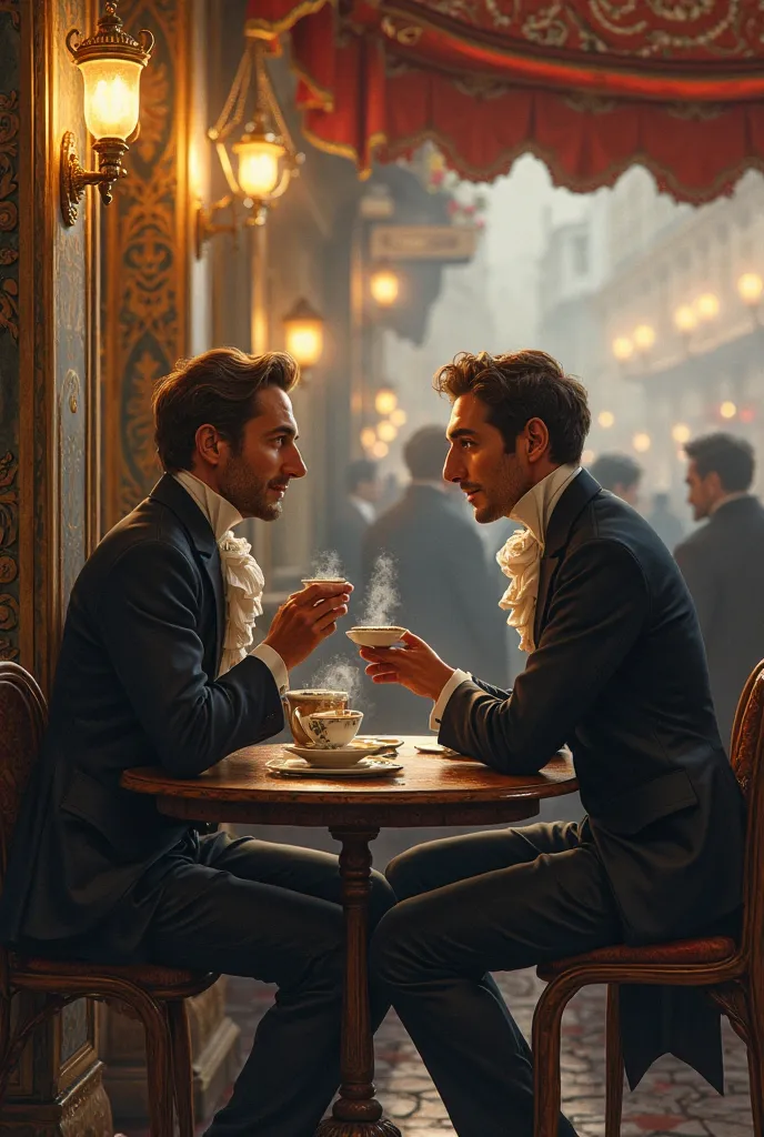 Two 30-year-old gentlemen in a coffee shop in Paris in 1839