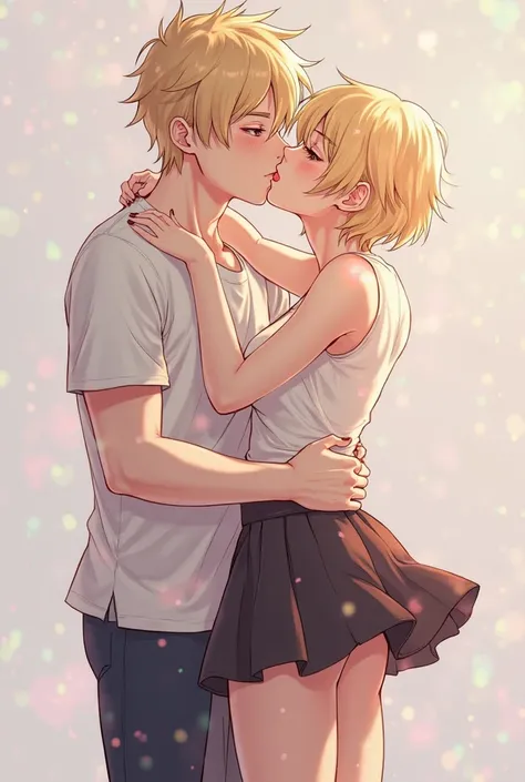 Create a picture of a femboy anime boy. He is wearing a skirt, crop top, high tight. He is blonde boy. He is a male person looks like a male and boy. boy face is boys. He is a gay and kisses a another boy