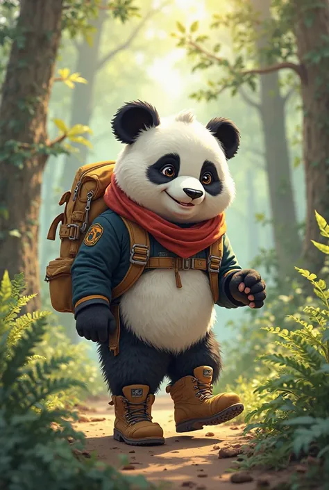 A mascot panda wearing a cute set of adventurer's clothing Ardidas collection in his pocket,  In the forest