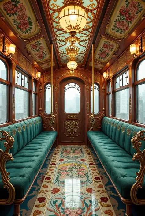 Create an immersive and intricately designed Art Nouveau subway car, blending elegance with organic forms. The architecture should feature sweeping curves, flowing lines, and nature-inspired motifs. The interior should have ornately carved wooden panels, d...