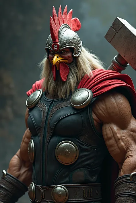 The very close face and torso of the character Thor with the face of a rooster, a war helmet with this number on the helmet: 13 13 and with Thor's hammer on his back , Very realistic everything 