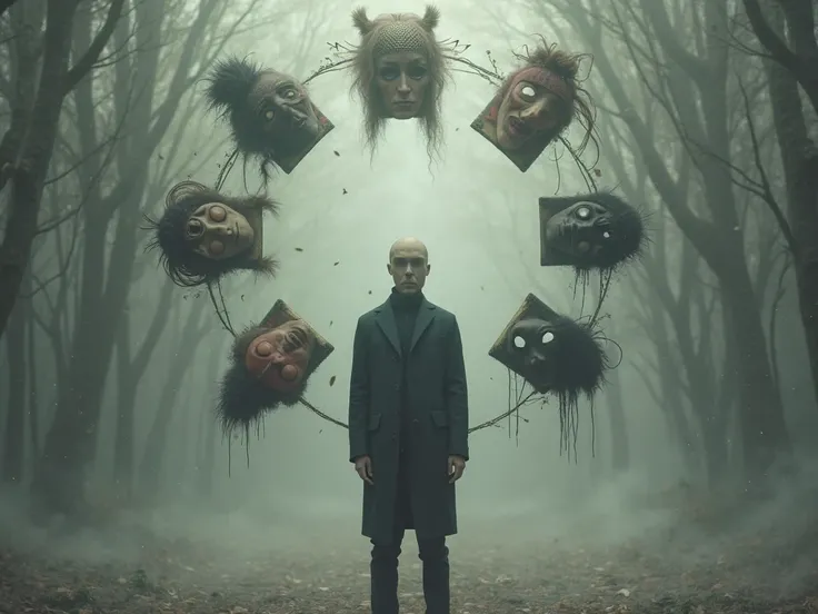 "A figure surrounded by a circle of floating masks, each mask representing a different role they play, symbolizing the search for authenticity."