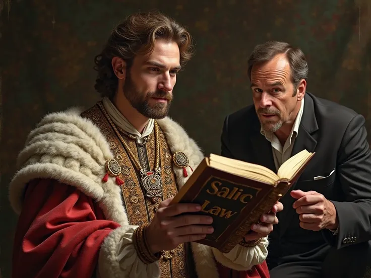 King Philip VI of France holding an ancient book titled "Salic Law". He smirks as he reads the book. An adviser with a mischievous expression showing him something in the book. The image should be hyper realistic and should be in 4k