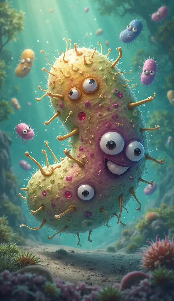 Stylized bacteria with eyes and smiles escaping from a bladder. They have rounded shapes and vibrant colors, with small arms or tentacles, conveying the idea that they are fleeing in a mischievous way.