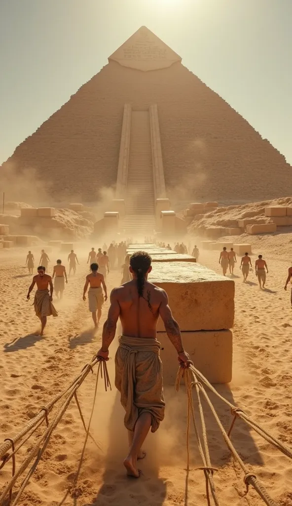 "POV of an Egyptian worker building a colossal pyramid, pulling a huge block of stone across the hot desert sand. Your hands Clogged tightly hold thick fiber strings, covered in dust and sweat, while others Workers ahead also pull with effort. The scorchin...