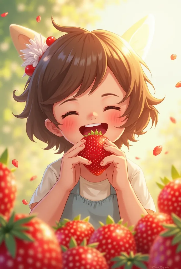 ren happily eating strawberries