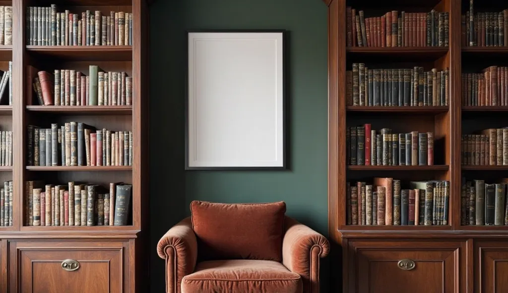 A quiet library nook with leather-bound books and a velvet armchair. Between the shelves, two A4-sized frames with white interiors create blank spaces for literary quotes from famous Italian authors or historical portraits. This subtle nod to Italian liter...