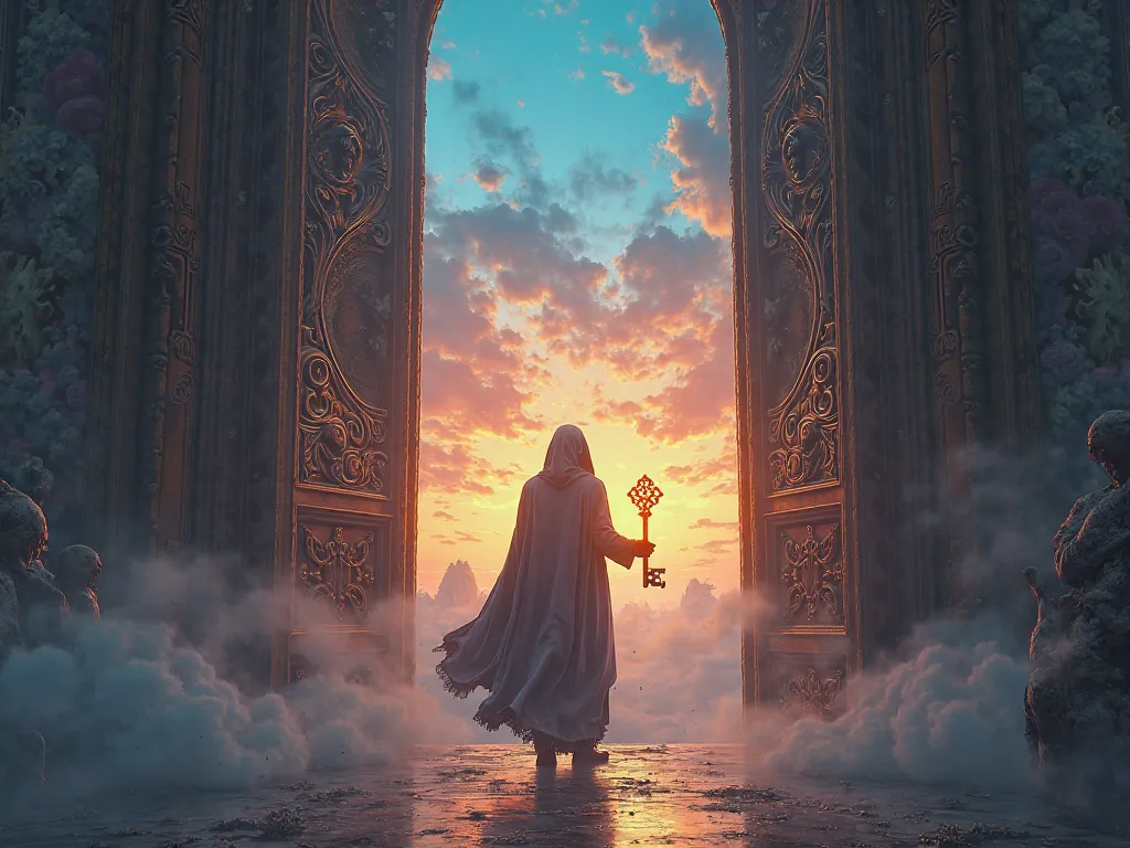 A figure holding a glowing key, with the key unlocking a door that leads to a vibrant, surreal landscape, representing the discovery of purpose."