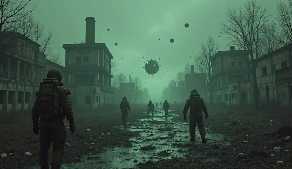 Dark, eerie landscapes of the Chernobyl Exclusion Zone, with crumbling buildings, areas engulfed by anomalies, and scattered artifacts. The scene features mutants or survivors in rugged protective suits, cautiously navigating through the radioactive zone. ...