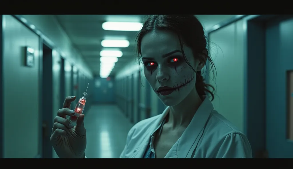 Create a hyper-realistic and visually striking image that captures the essence of terror in a typical Mexican hospital setting. The focus is on a nurse, her face illuminated by the cold, harsh light of a flickering fluorescent bulb. Her expression is cold ...