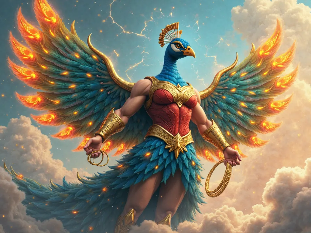 A 3D character of a majestic and powerful peacock with a vibrant mix of Wonder Woman and Goku influences. The peacock has iridescent feathers in shades of blue, green, and gold, but with a fiery orange and yellow glow along the edges, reminiscent of Goku's...