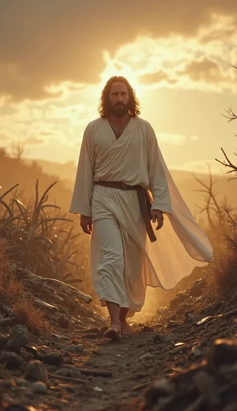 "Jesus walks calmly through a battlefield after the war has ended. His white robe, slightly dusted, flows gently as He moves with a serene and compassionate expression. The sky is a mix of golden light breaking through the dark clouds, symbolizing hope aft...