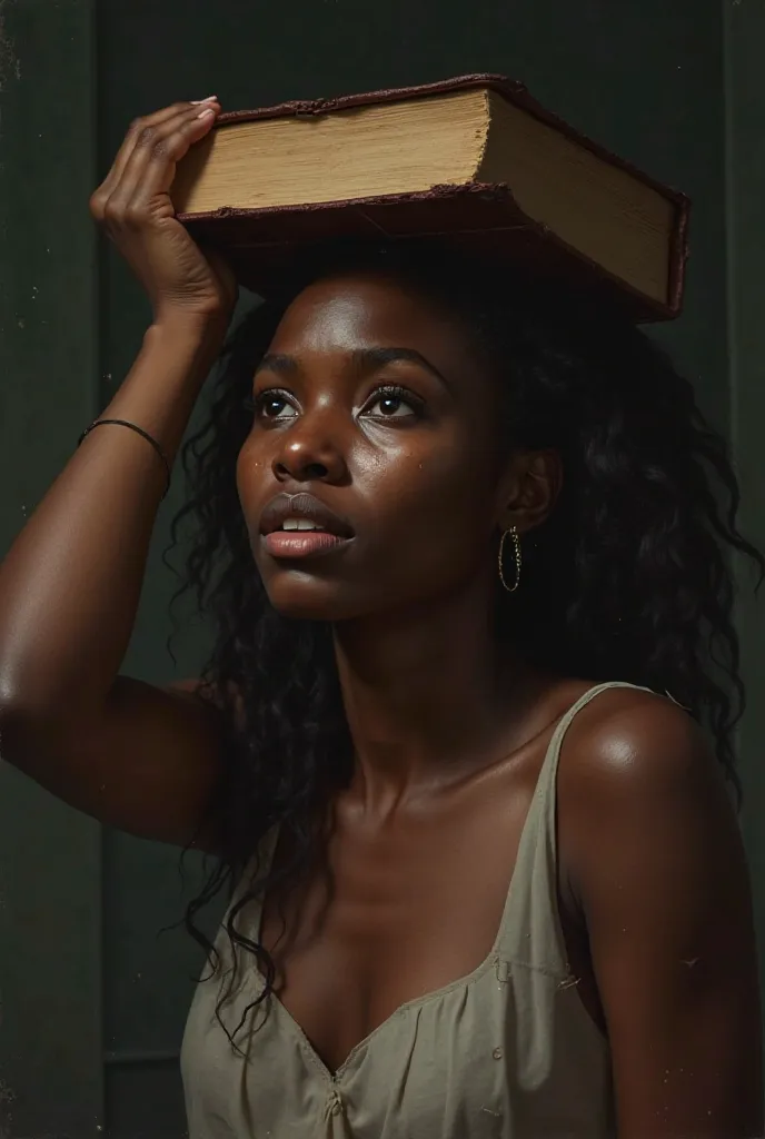 A black African women in a bedroom crying and tears flowing down holding bible on her head