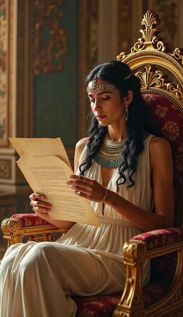 Cleopatra seated on a majestic throne, with an expression of deep introspection. She is reading a large letter with a distant gaze, lost in thought. The scene takes place in the interior of an opulent Egyptian palace, decorated with golden details and luxu...