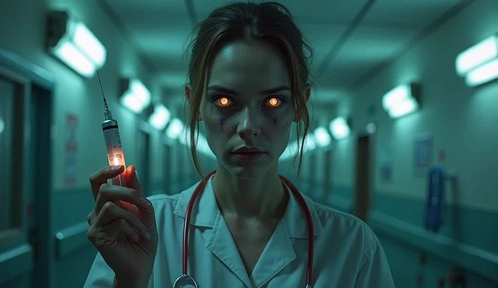 Create a hyper-realistic and visually striking image that captures the essence of terror in a typical Mexican hospital setting. The focus is on a nurse, her face illuminated by the cold, harsh light of a flickering fluorescent bulb. Her expression is cold ...