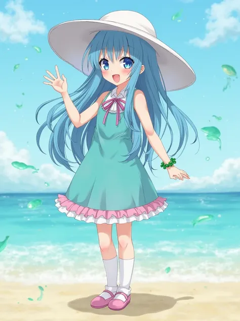 anime gloomy girl with long sky blue waterfall hair wearing big white sun hat aquamarine halter dress pink trim on the skirt white collar blue bow tied ribbon green bracelet with aquamarine stone on right wrist long white beach socks and pink beach shoes