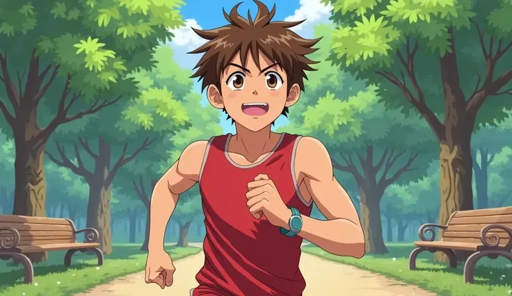 "A 15-year-old age boy with brown hair and brown eyes is shown from the waist up, running or jogging in a park. He wears a red sleeveless shirt and a wristwatch. His expression conveys determination and energy. The background features a park with lush gree...