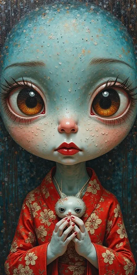 "Peinture surréaliste à la manière de Mark Ryden et Adrian Borda d'un visage de poupée asiatique à la peau bleu-turquoise avec des craquelures de porcelaine dorées. La poupée a de grands yeux bruns expressifs et des lèvres rouges éclatantes. Elle porte un ...