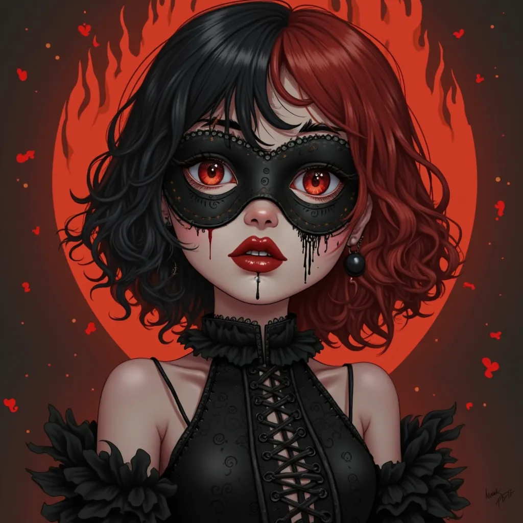 masterpiece, lips, 8K,Girl with short hair ,half of black hair and the other half of red hair,short hair, wavy hair,  Gothic, Mask of the Black Death, black dress with tutu, corset black flames in the background