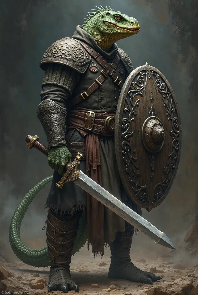  portrait ,Lizardmen, high, Shield is Sword ,  dark clothes, Estilo d&d